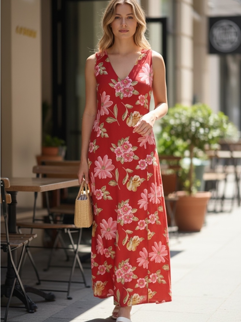 White Stag Sleeveless Red Floral V-Neck Maxi Dress Size L